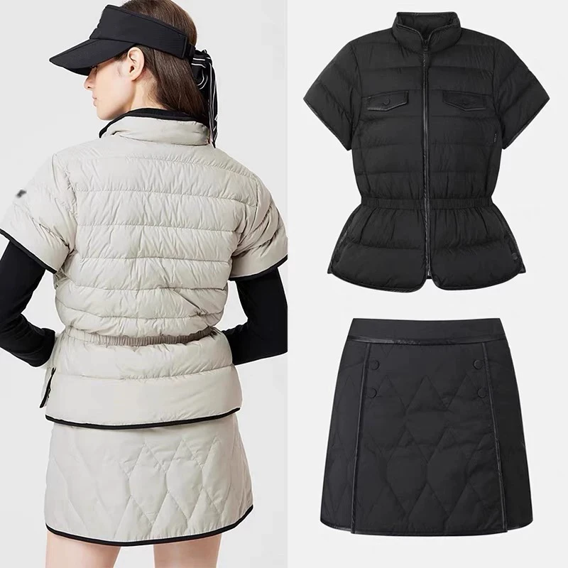 Women's Autumn And Winter Golf Clothing Stand Up Collar Down Golf Jacket, Waist Cinched Sleeveless Top, Warm Short Skirt