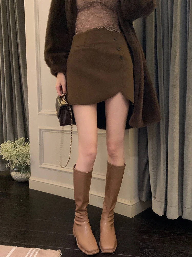 

Юбка А-силуэта с высокой талией, асимметричным подолом, кофейного цвета, однотонная, для повседневной носки, короткая, из 100% материала