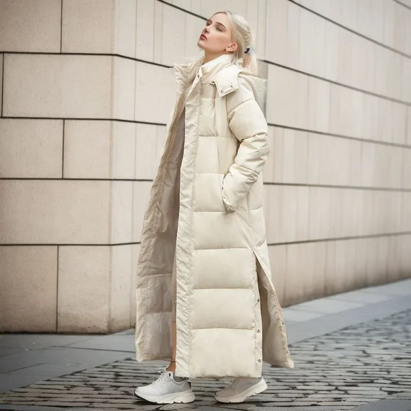 Cotton Coat Long Parka Coat Jacket Women 2023 Autumn Winter Thick Warm Coats Woven Block Trend Hooded White Down Parkas