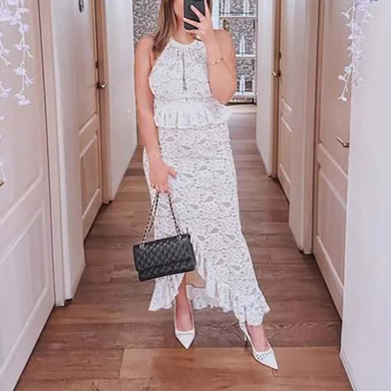 

Spring Sexy Halter Sleeveless Top Long Skirt Two Piece Sets Elegant Ruffle Women Outfit Lace Embroidery Backless Club Party Suit