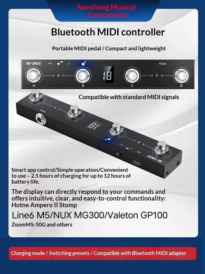M Vave Bluetooth Midi Controller Pedal Page Turner Portable Multifunctional Musical Instrument Accessory For Guitar Performance