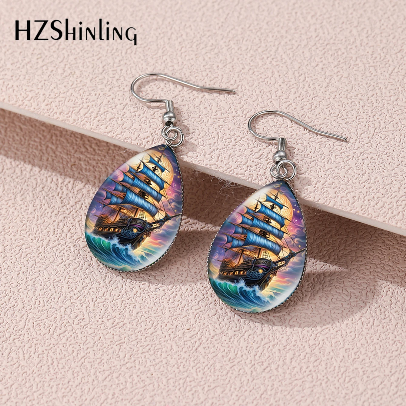 2024 New Arrival Fashion Ocean Ship Sailing Oil Paintings Tear Drop Fish Hook Earrings Handmade Stainless Steel Jewelry Earrings