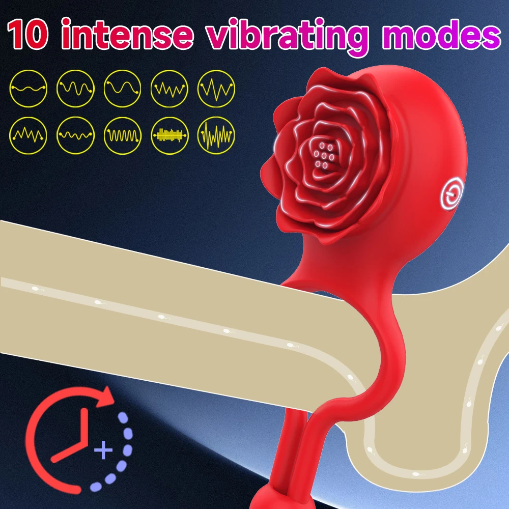 Rose Vibrating Cock Ring with Rose Clitoral Stimulator Silicone Penis Ring Vibrator Adult Sex Toy Men Women Couple Fun