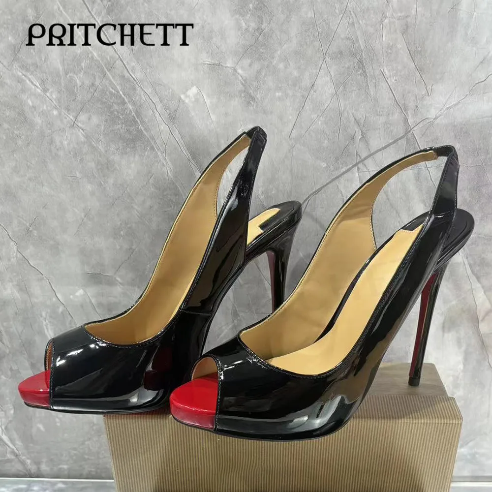 

Black Patent Leather High-Heeled Shoes Round Toe Stiletto Heels Color-Blocked Back Strap Sandals Fashionable Women's Shoes