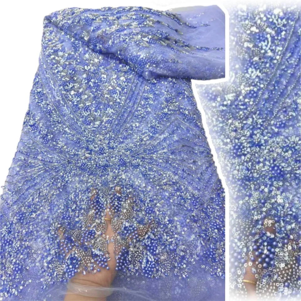 Temporada de festa quente tecido renda africana 2025 alta qualidade 5 jardas nigeriano frisado bordado tecido renda senhoras vestido costura sz1698