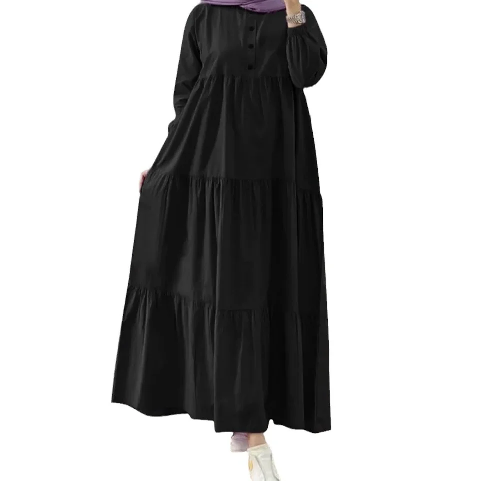 Vintage Solid Ruffles Hem Sundress Robe Femme Turkey Vestido Kaftan Women Fashion O Neck Long Sleeve Muslim Abaya Dress