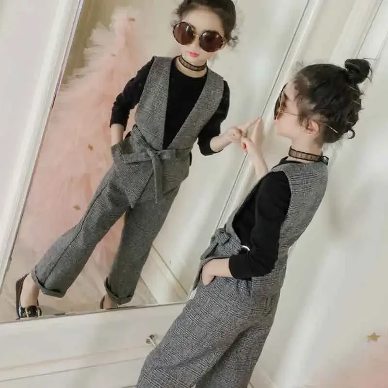 Teenage Girls Clothing Set 12 13 14 Years 2023 Autumn Plaid Vest T-shirts Pants 3pcs Suit for Girls Clothes Fashion Kids Costume