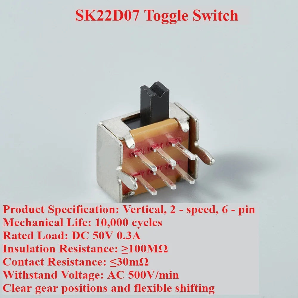 

50pcs SK22D07 DPDT Industrial Slide Switch, 8A 125VAC 6-Pin with Side Lever, for CNC Control Panel/Power Supply