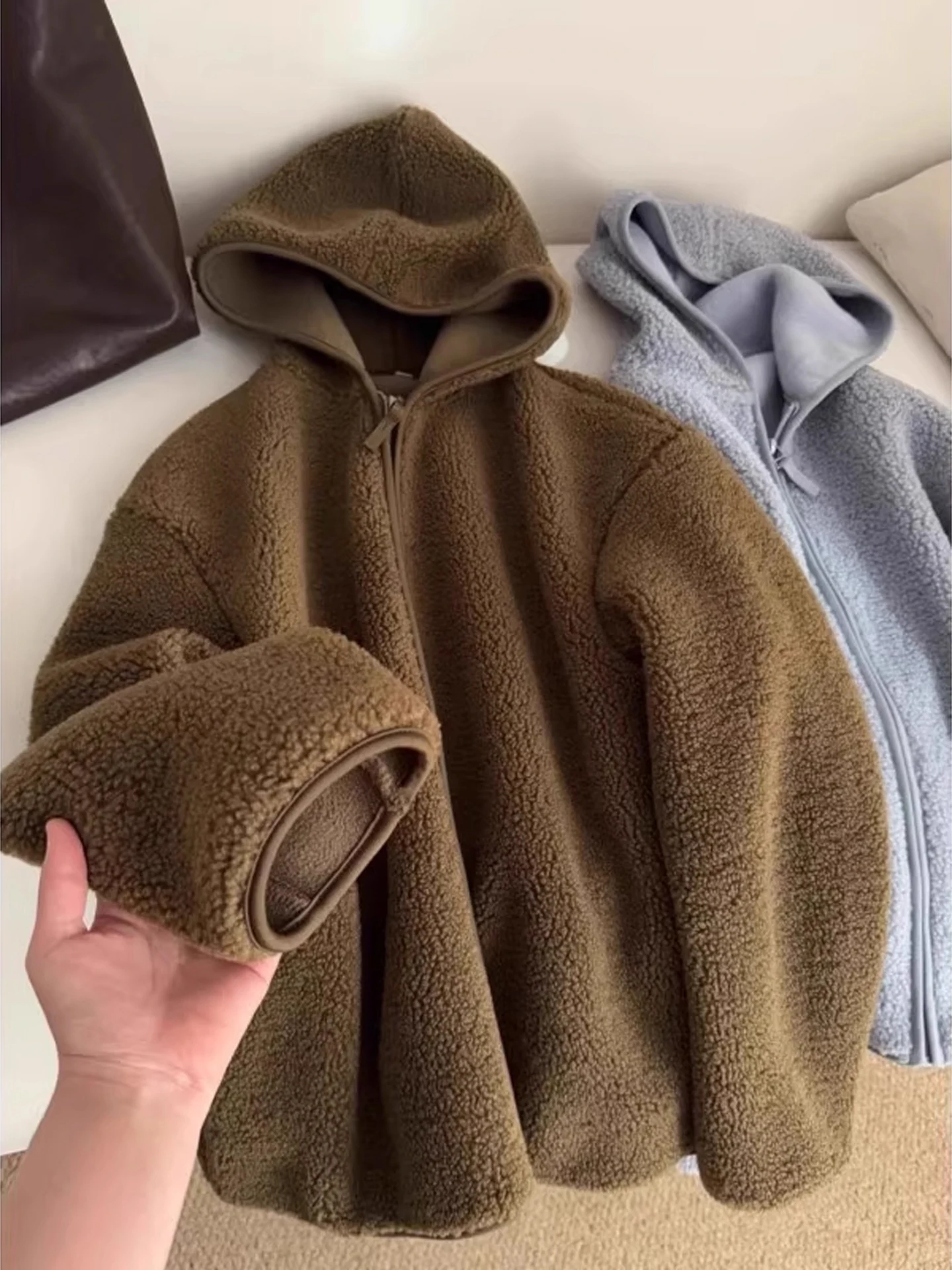 

Korean Laid-ba Sle Hooded Lambskin Cardigan Sweatirt Men Women Thiened Warm Outerwear Autumn Winter Fce Lined