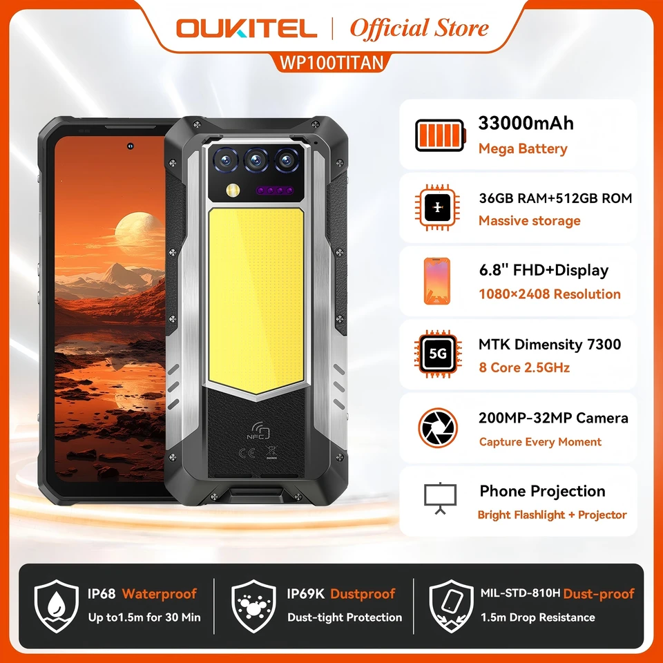 Oukitel WP100 Titan Rugged Phone 33000mAh 66W Charger 200MP Camera