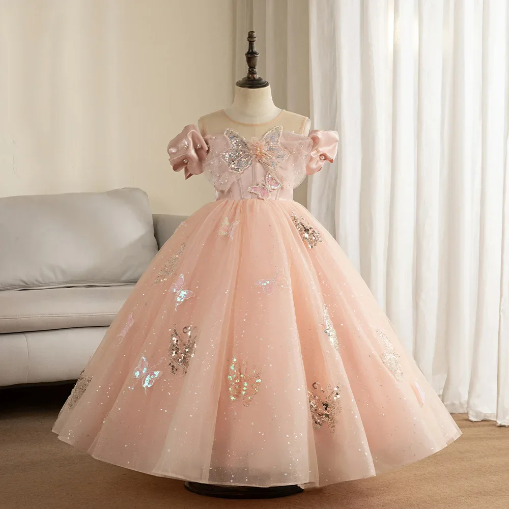 Elegant Party Girl Dresses Kids Girl Beading Long Ball Gowns Children Pageant Ceremonial Carnival Formal Dress Kid Vestidos