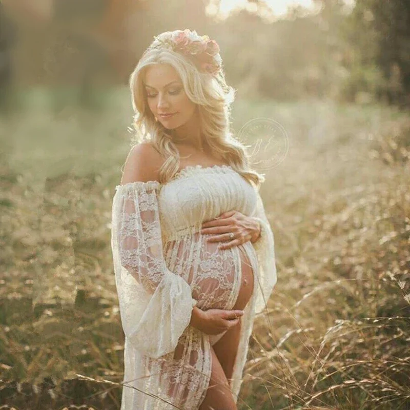 

Off-Shoulder Maternity Photography Maxi Dress with Mesh Lace & Long Bell Sleeves, Elegant Pregnancy Photoshoot Gown