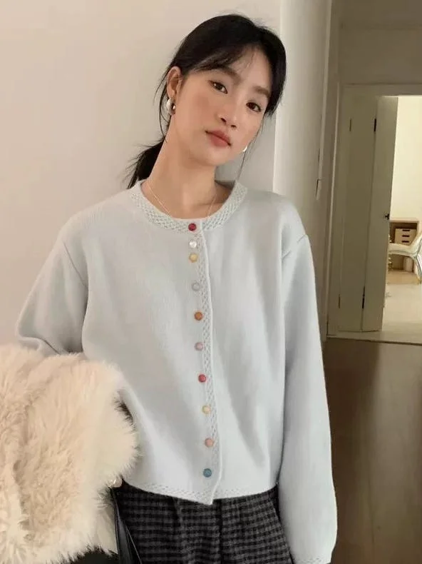 

Color Blo round Ne Knitted Sweater Coat Women's Loose Fit Soft Warm Korean Sle Single Button Open Cardigan