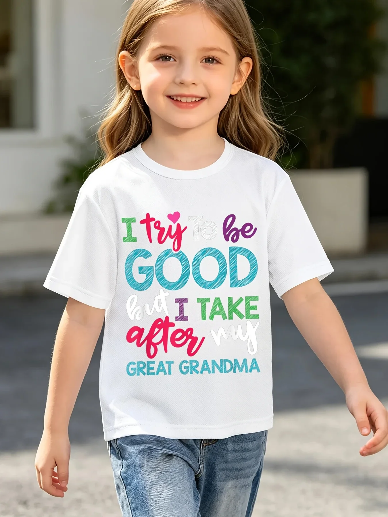 I Try To Be Good But I Take After My Great Grandma Print T Shirt Boys Girls Family Short Sleeve Tee Kids Casual Cotton Tops