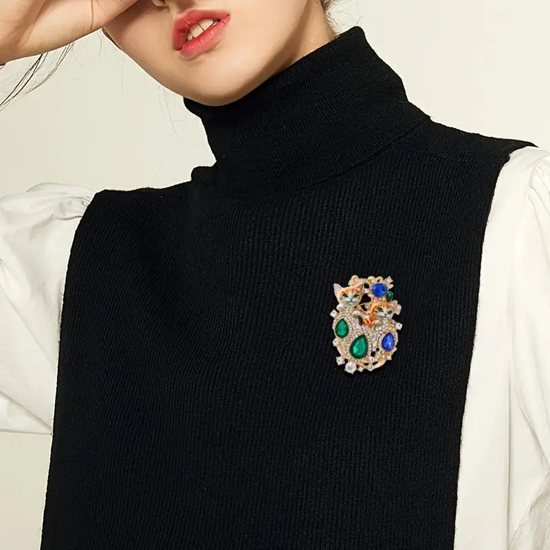 مجموعة بروش مجوهرات باروكية عتيقة مع تصميم قطة مزدوجة للنساء، زينة أنيقة من حجر الراين، ملابس يومية مثالية أو هدية