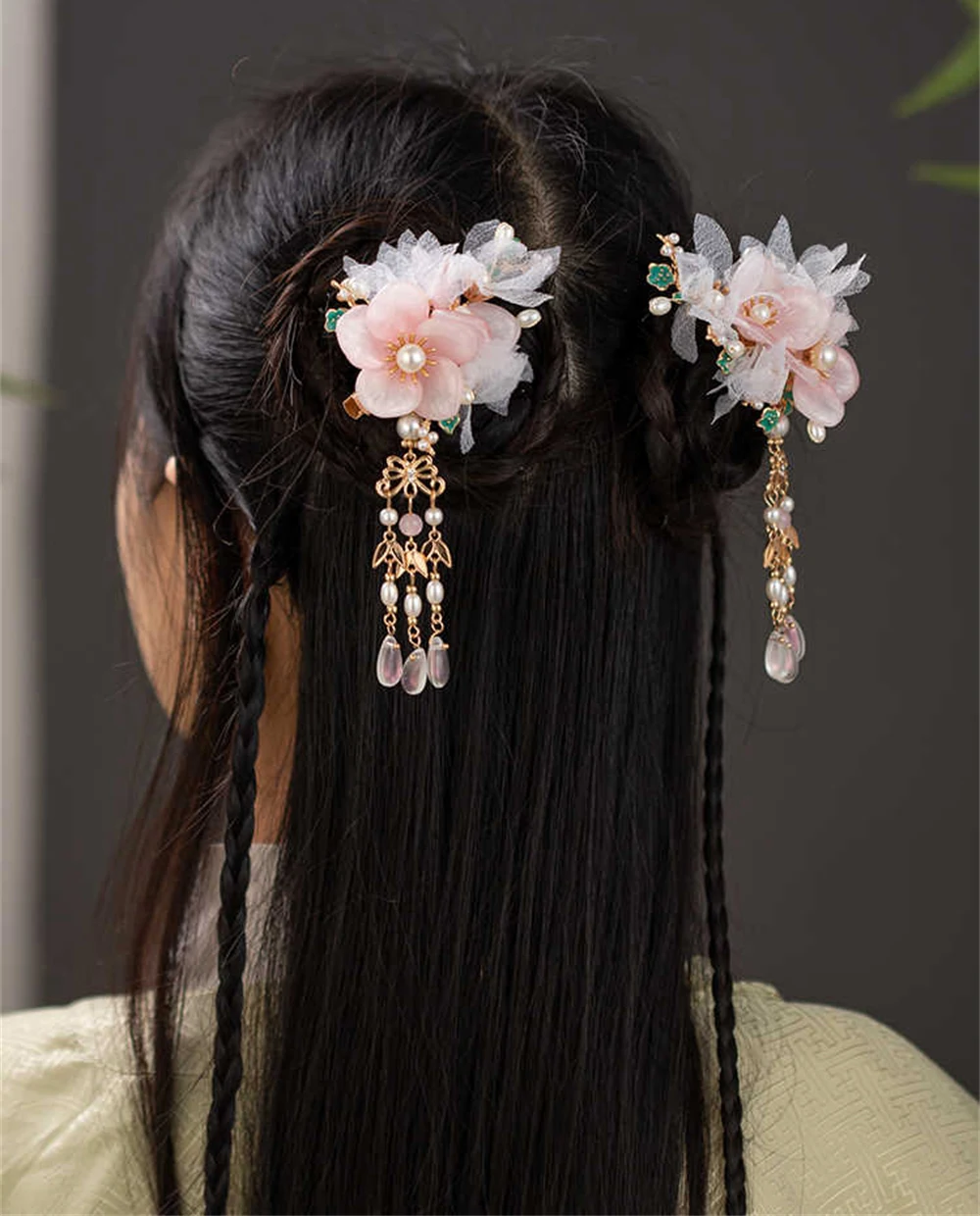 Ancient Style Temperament Peach Blossom Tassel Hairpin Cheongsam Hair Stick Cute Sweet Step Shake Lady Hanfu Hair Clip Headdress