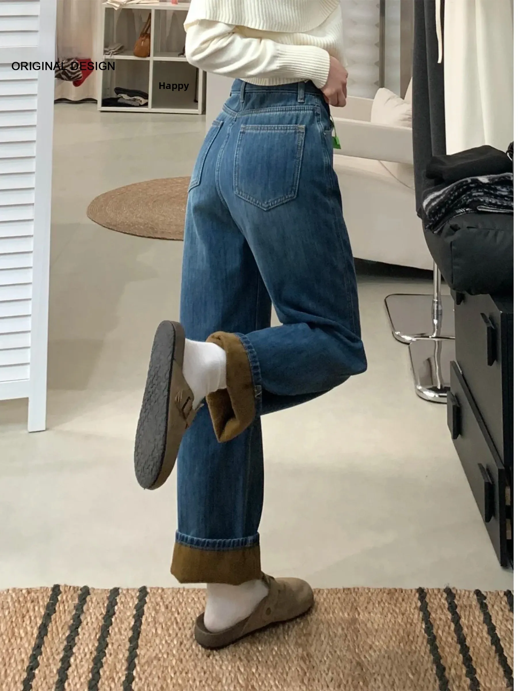 

Ретро джинсы женские с высокой талией, широкими штанинами, на флисовой подкладке, утолщенные, свободного кроя, летние, прямые, повседневные, из денима