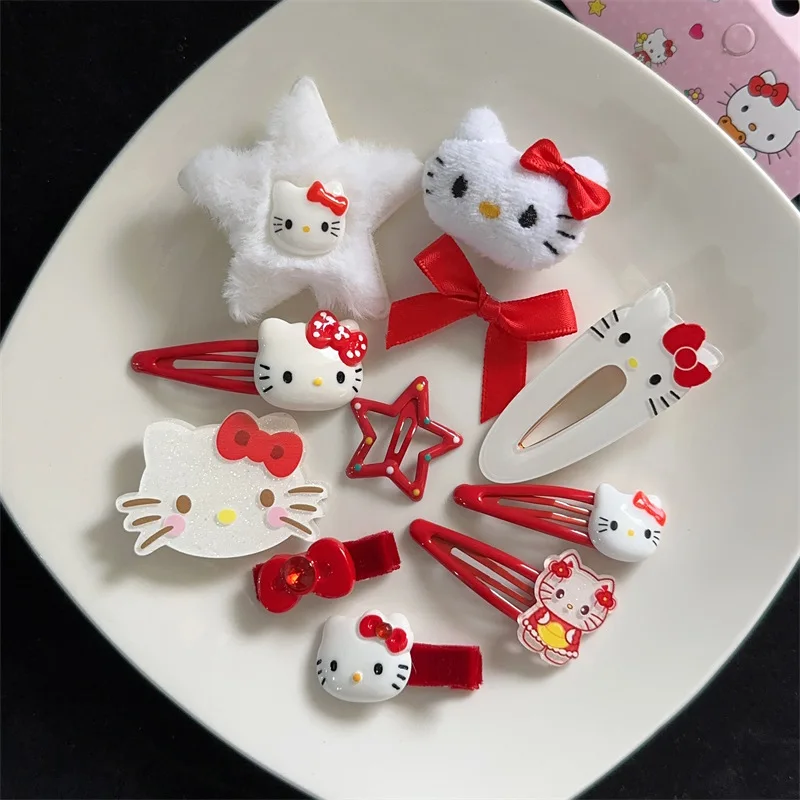 14/11Pcs Kawaii Hello Kitty Pink Hairpin Pin Cartoon Girls Barrettes Bangs Clip Women Hair Accessories Slid Clip Jewelry Gifts