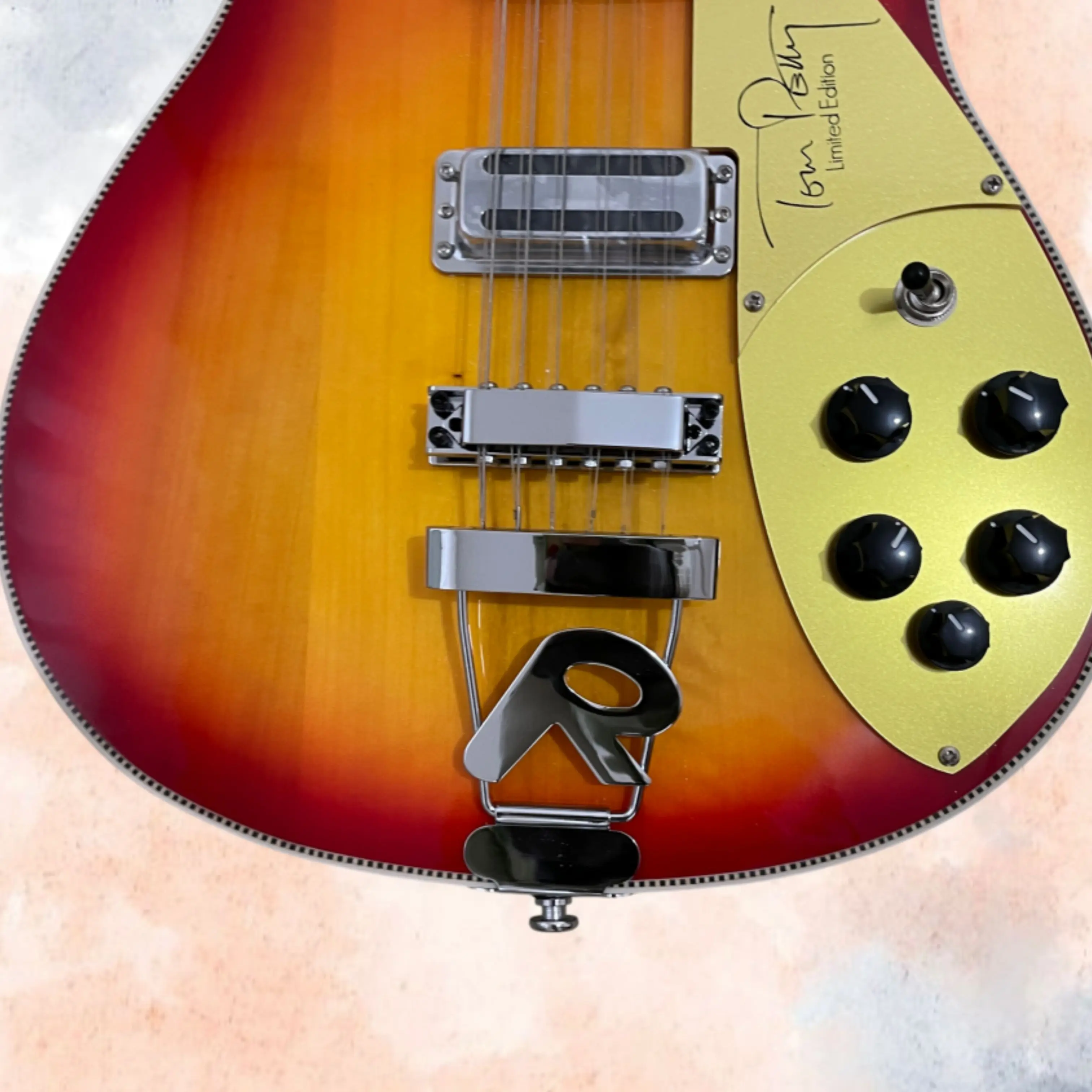 12 String Semi Hollow Electric Guitar, Sunburst Gloss Finish,Gold Signature Pickguard Guitars, Binding Decoration Retro Guitarra