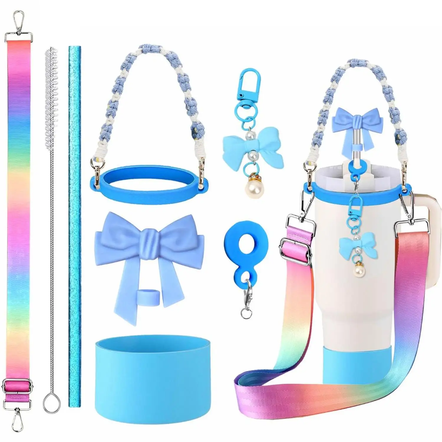 Colorful Woven Hand Strap Shoulder Strap Bow Topper Straw Sleeve Accessory for Stanley Cup - Durable Bag And Cup Holder