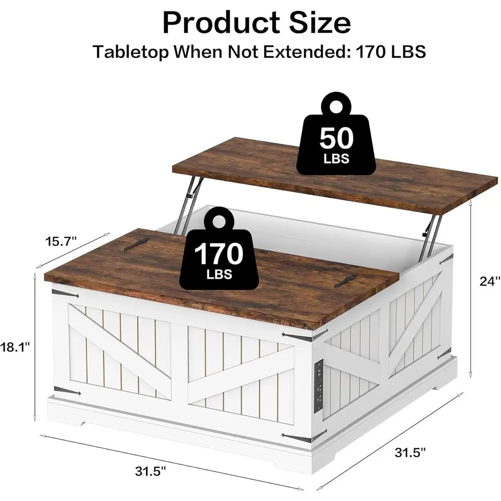 36 Lit Top Coffee Table with Storage and Charging Station, Square Coffee Table with Hidden Compartment, Adjustable Laptop Desk o
