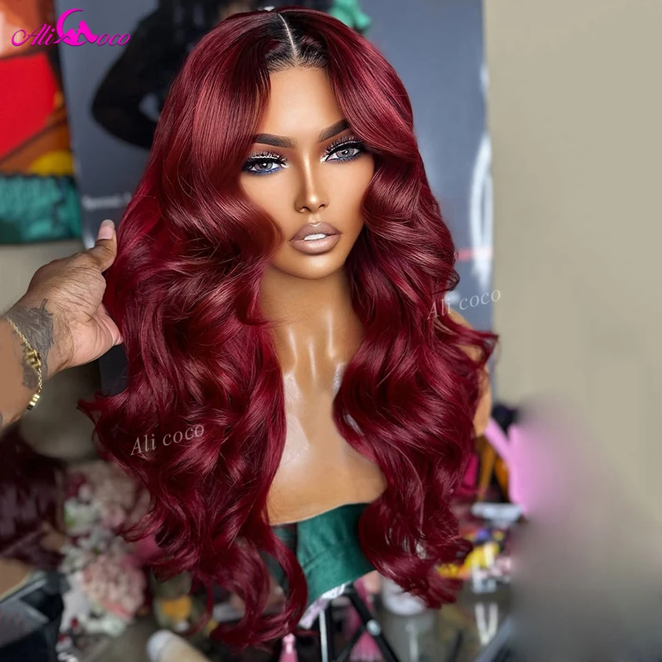 

Парик из натуральных волос темно-красного цвета, 180% плотности, с эффектом Body Wave, с кружевной застежкой 5x5 и кружевной передней частью 13x6, с черными корнями, предварительно прорезанный, для женщин