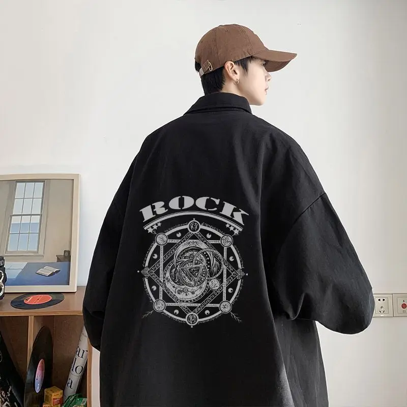 2024 Spring and Autumn Men's New Splicing Square Collar Button Printed Letter Fashion Loose Casual Long Sleeve Jacket Shirts