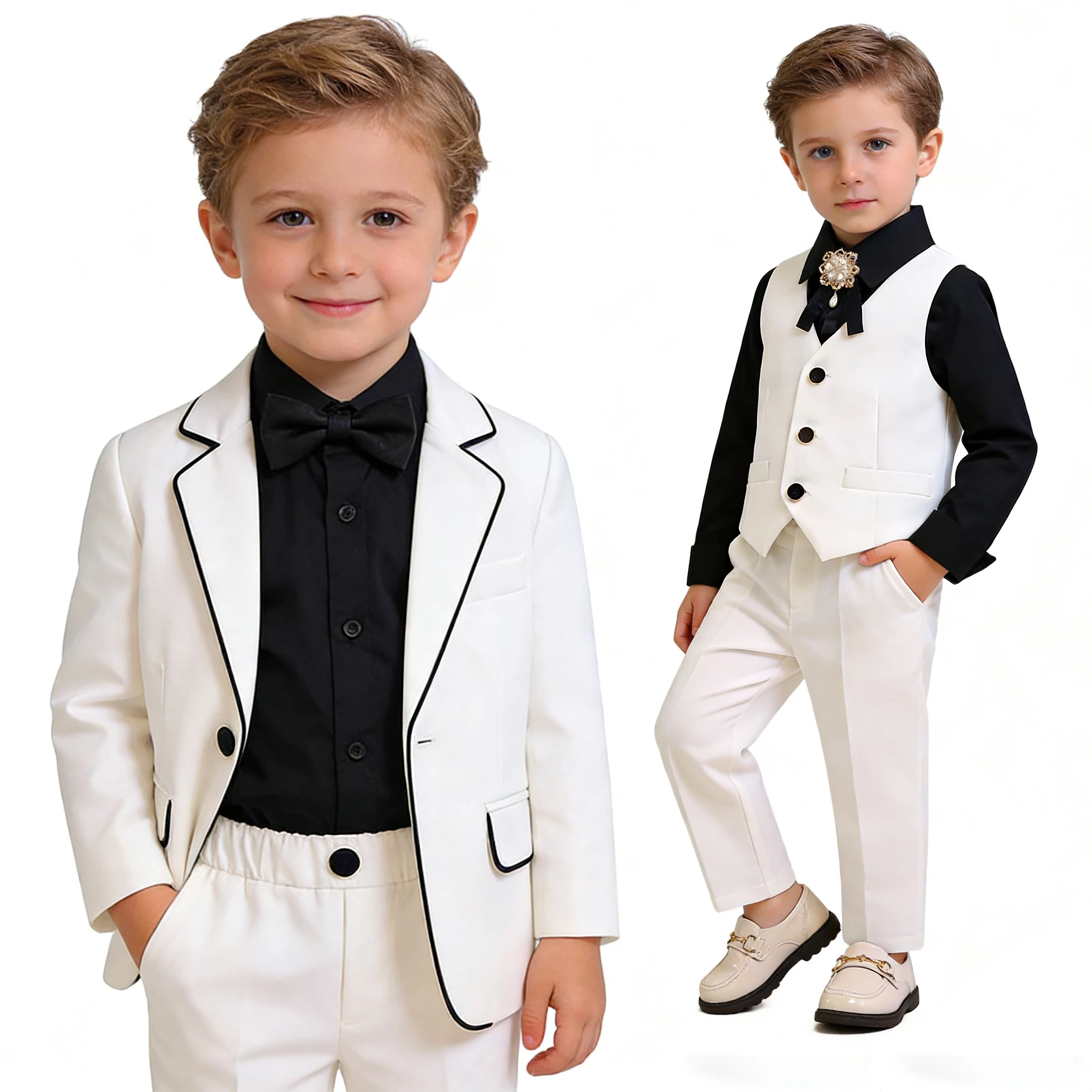 

Белый смокинг для мальчиков 2-10 лет с черной отделкой, нарядный костюм для торжеств, включает рубашку и брошь, идеально подходит для свадеб и вечеринок