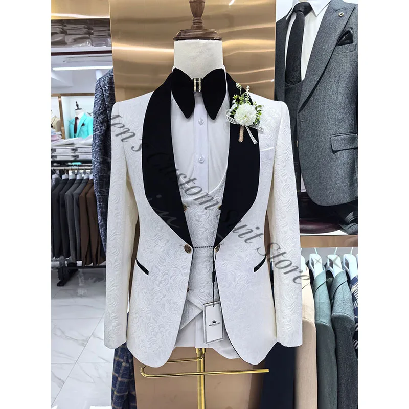 

White Jacquard Men Prom Suits Groom Male Wedding Slim Fit Tuxedo Mens Formal Business Work Wear Suits 3Pcs (Jacket+Pants+Vest)