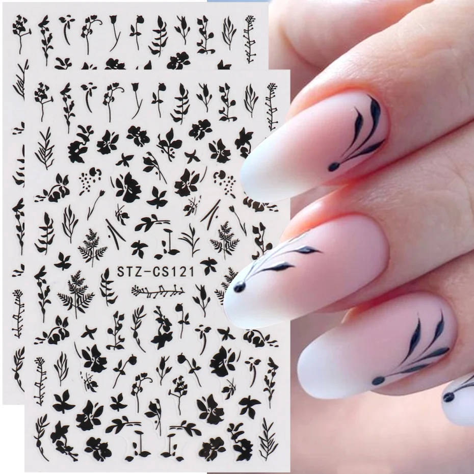 2pcs White Black Leaf Nail Art Stickers for Spring Summer Designs Charms Self Adhesive Sliders Decals Nail Decorations Foils