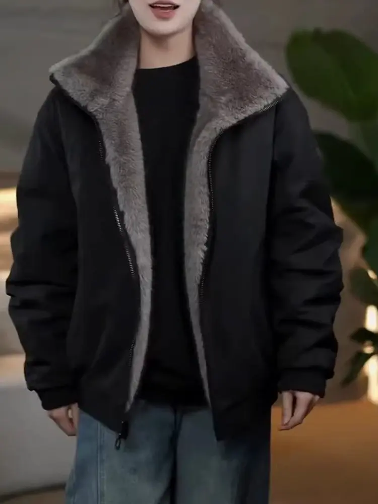 

Double-Sided Silver Blue Thiened Velvet Aurochs Men's Winter Jaet Cotton Workwear Jaet Faion Urban Sle Zipper