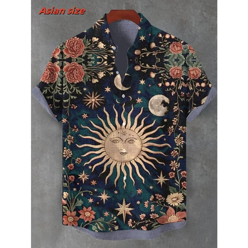 3D Printed Sun Moon Flower Aloha Shirt For Men Retro Ethnic Pattern Blouse Summer Loose Short Sleeve Lapel Tops Hawaiian Shirts
