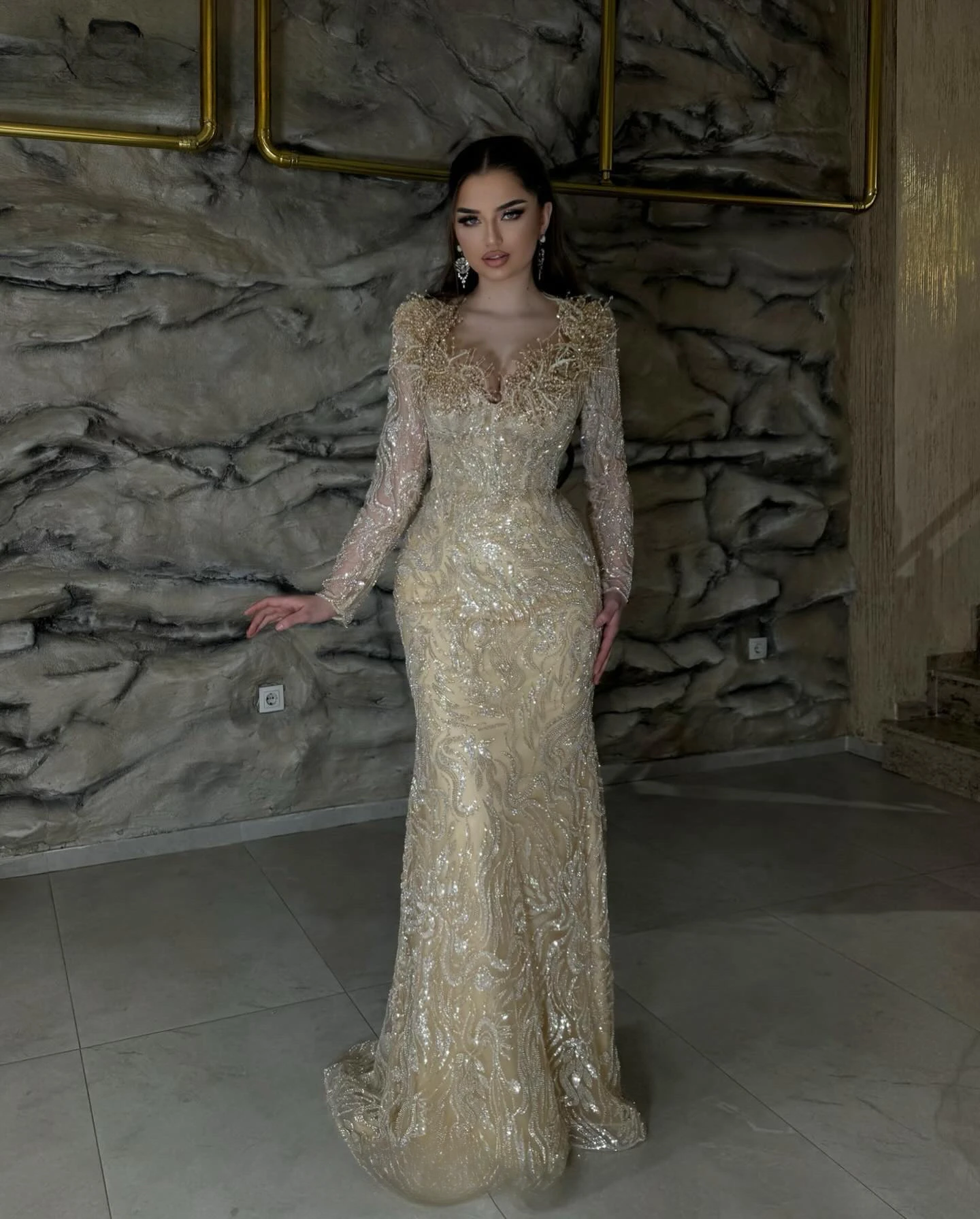 Luxury Champagne Evening Dress With Detachable Train Long Sleeves Wedding  Party Dresses Mermaid Gowns - AliExpress 320