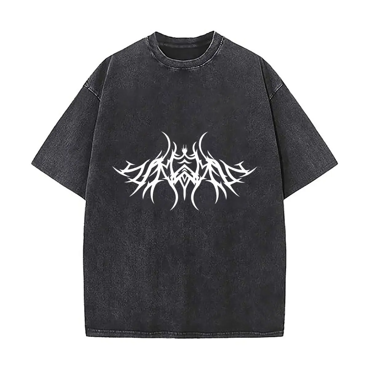 White Tribal Thorn Symmetric Abstract Gothic Design Distressed Faded Baggy Streetwear Tops for Park Hangouts