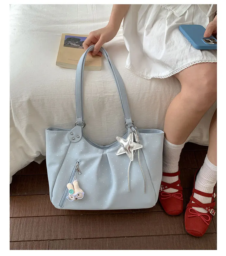 

Korean Style Retro Vintage Tote Bag Polka Dot College Tote Bag for Women 2026 New Fashion Versatile Large Capacity Shoulder Bag