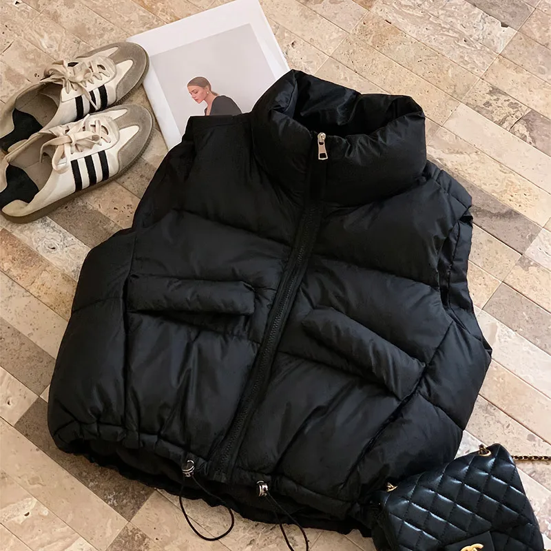 Short Parkas Vest Coat Women Solid Jacket Drawstring Zipper Pocket Stand Collar Slim Fit Casual Office Lady 2025 Autumn Winter