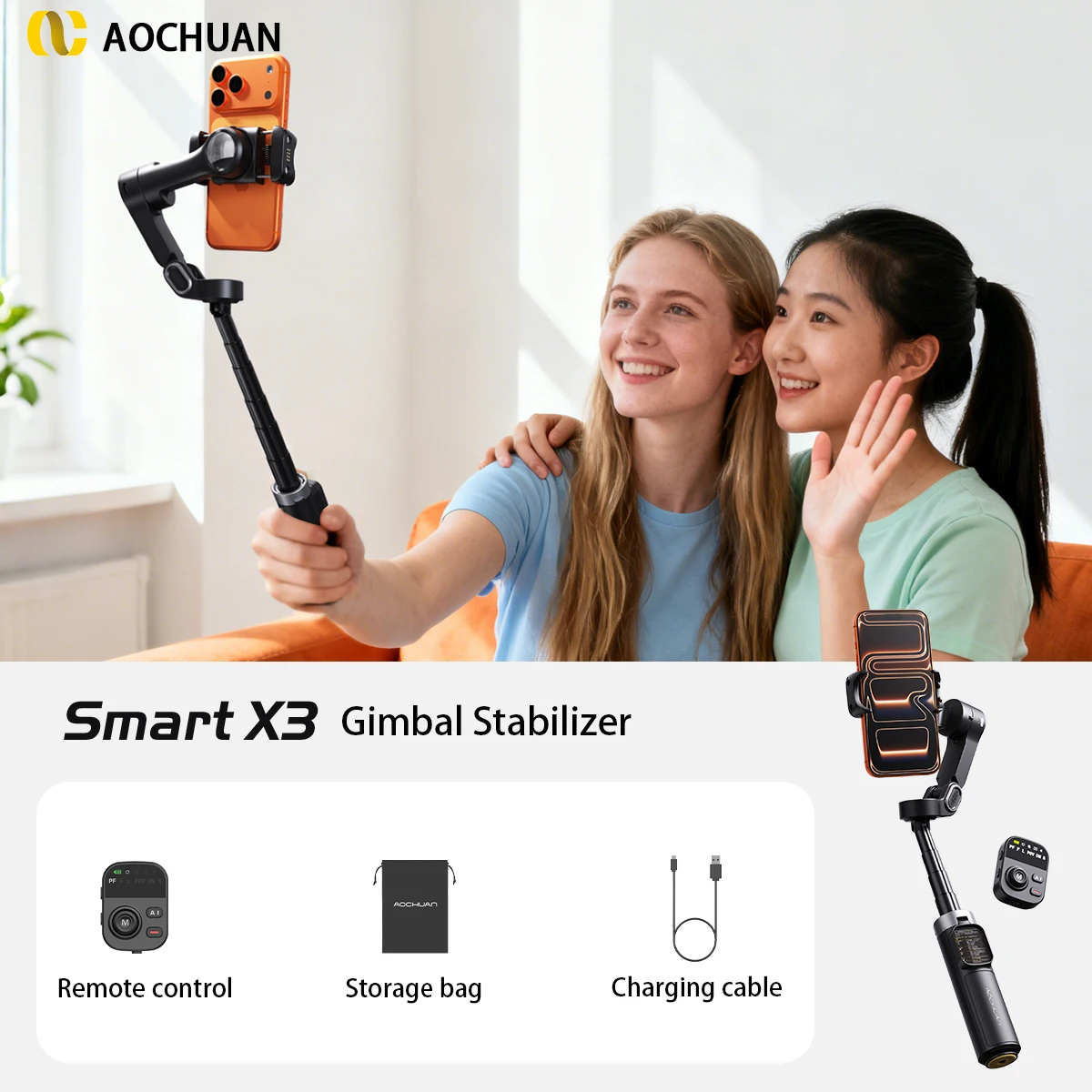AOCHUAN X3 Handheld Gimbal Stabilizer Built-in Extension Rod Tripod Facial Tracking for iPhone 12-17 Android Samsung Smartphone image 3