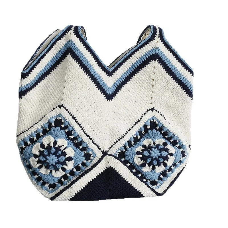 New literary and national style grandmother grid single room bag, wool crocheted blue and white vegetable basket women's bag, ha