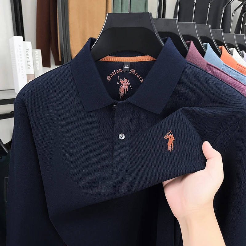 

2025 Men's Pure Cotton Polo Shirt Autumn and Winter New Embroidered Long Sleeved T-shirt Men's Casual Lapel Top