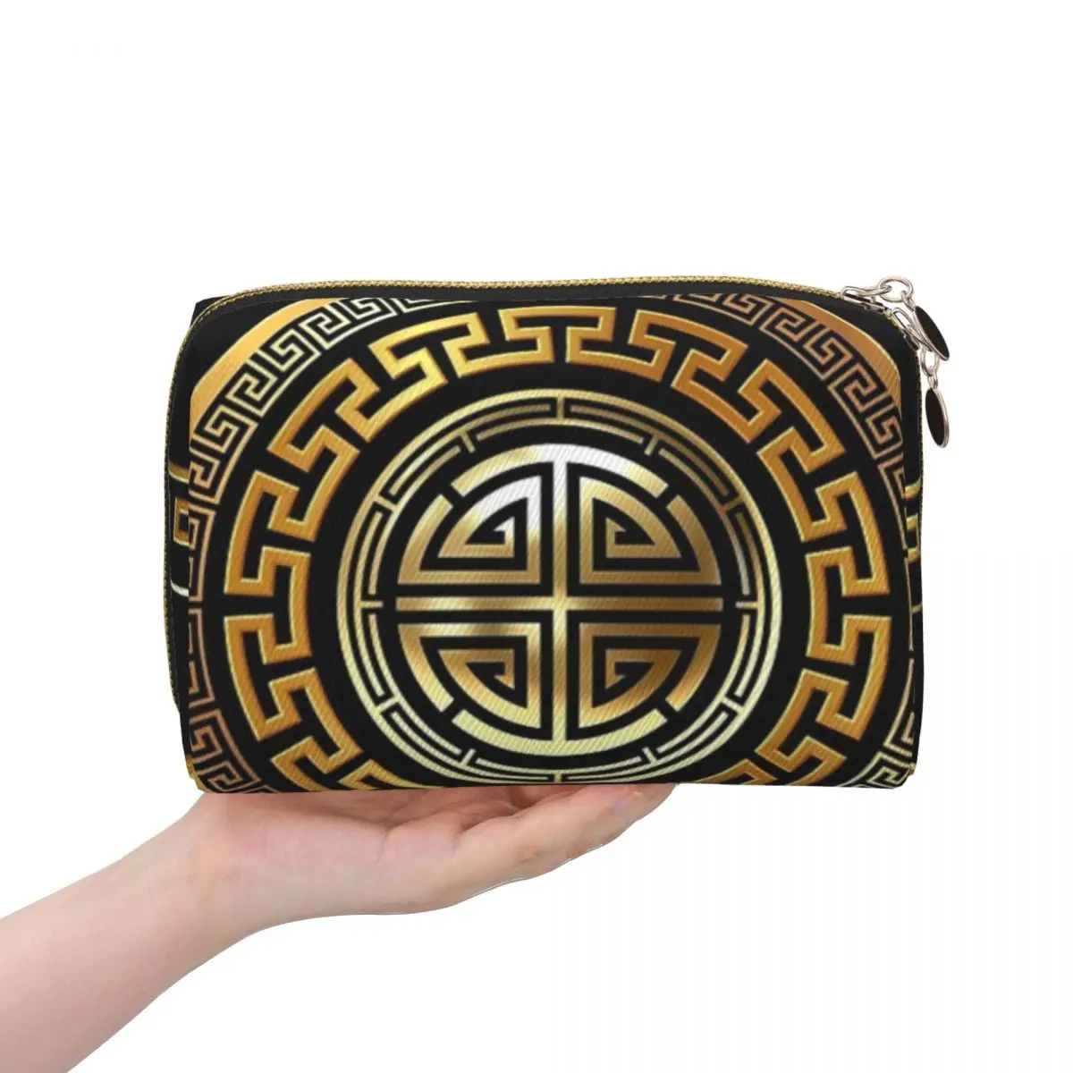Greek Key Meander Black Gold Large Women Cosmetic Bags Travel Makeup Organizer Pouch Toiletry Storage Dopp Kit Case