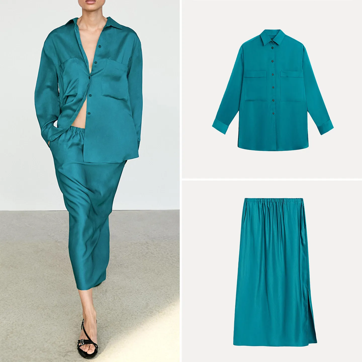 Women's Fashion Shirt And A-Line Skirt Set Loose Fit Four Seasons ZADATA Brand Button up Top And Half-length Skirt Ensemble