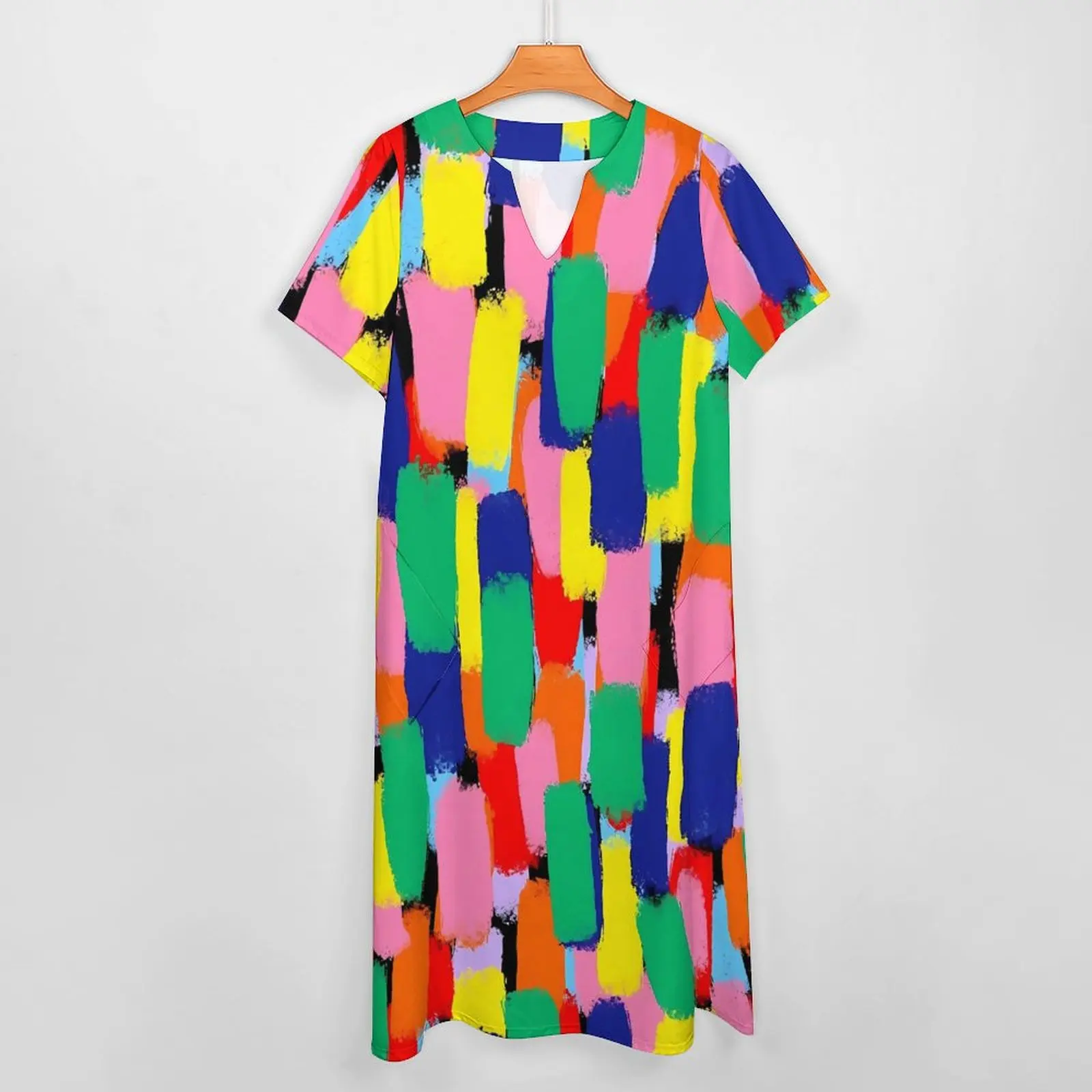 Paint Brush Print Dress Abstract Rainbow Vintage Maxi Dress Aesthetic Casual Long Dresses Female V Neck Graphic Big Size Vestido