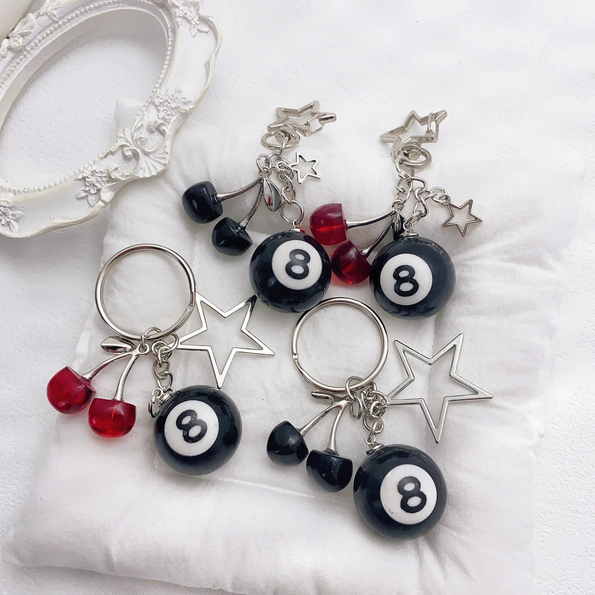 Creative 8 Ball Fruit Cherry Star Keychain Phone Accessories Y2K Handmade Key Strap Wallet Keyrings Bag Pendant