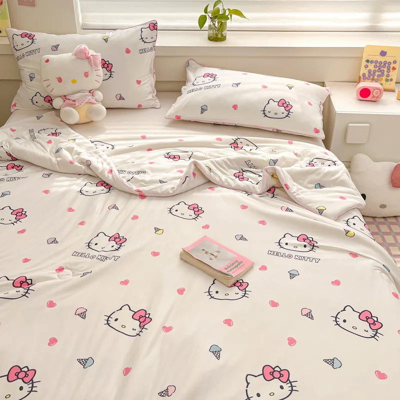 

3pc/set Cotton Quilt Set single summer quilt+pillowcase 1 pair Lovely Helloketty Student Dormitory Air Conditioning Quilt