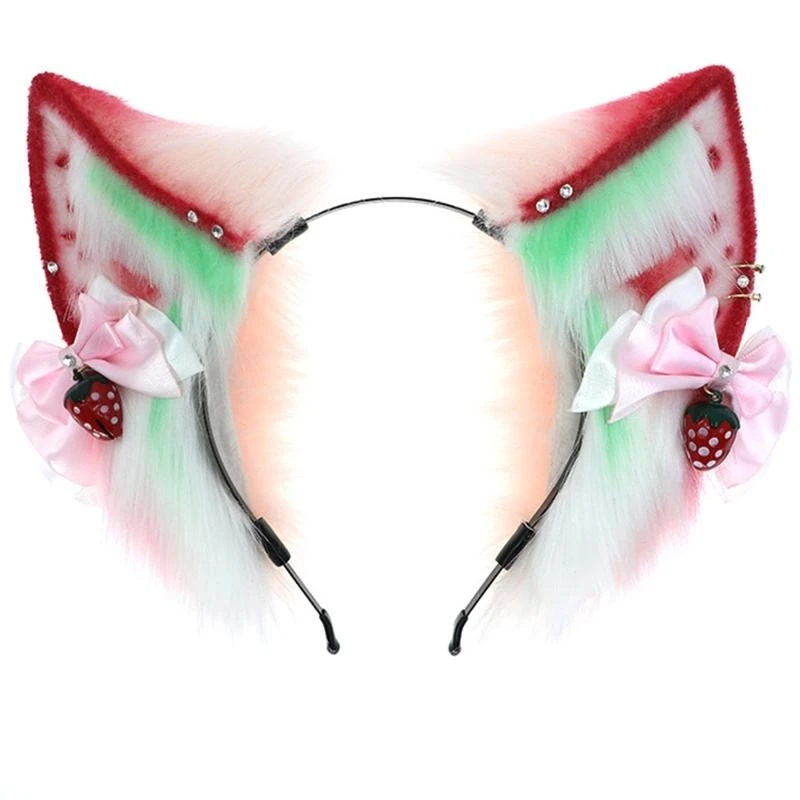 

652F All-match Simulation Animal Strawberry for Ears Plush Headdress Cosplay Props Headband with Bowknot for Themed Party