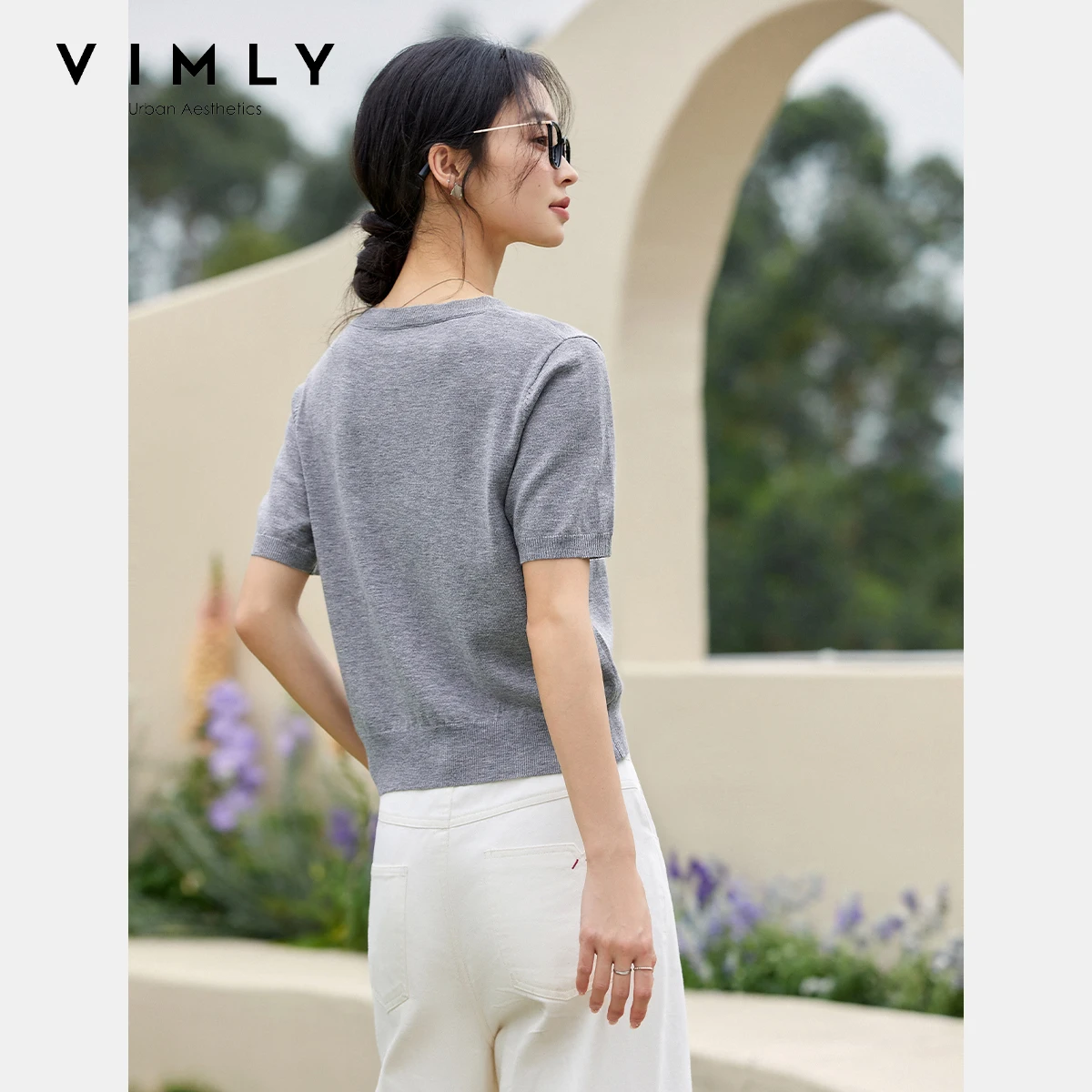 VIMLY Dames Zomer Gebreide Tops Truien Fun Puppy Geborduurd T-shirt met korte mouwen 2025, Casual gebreide trui met ronde hals 75021