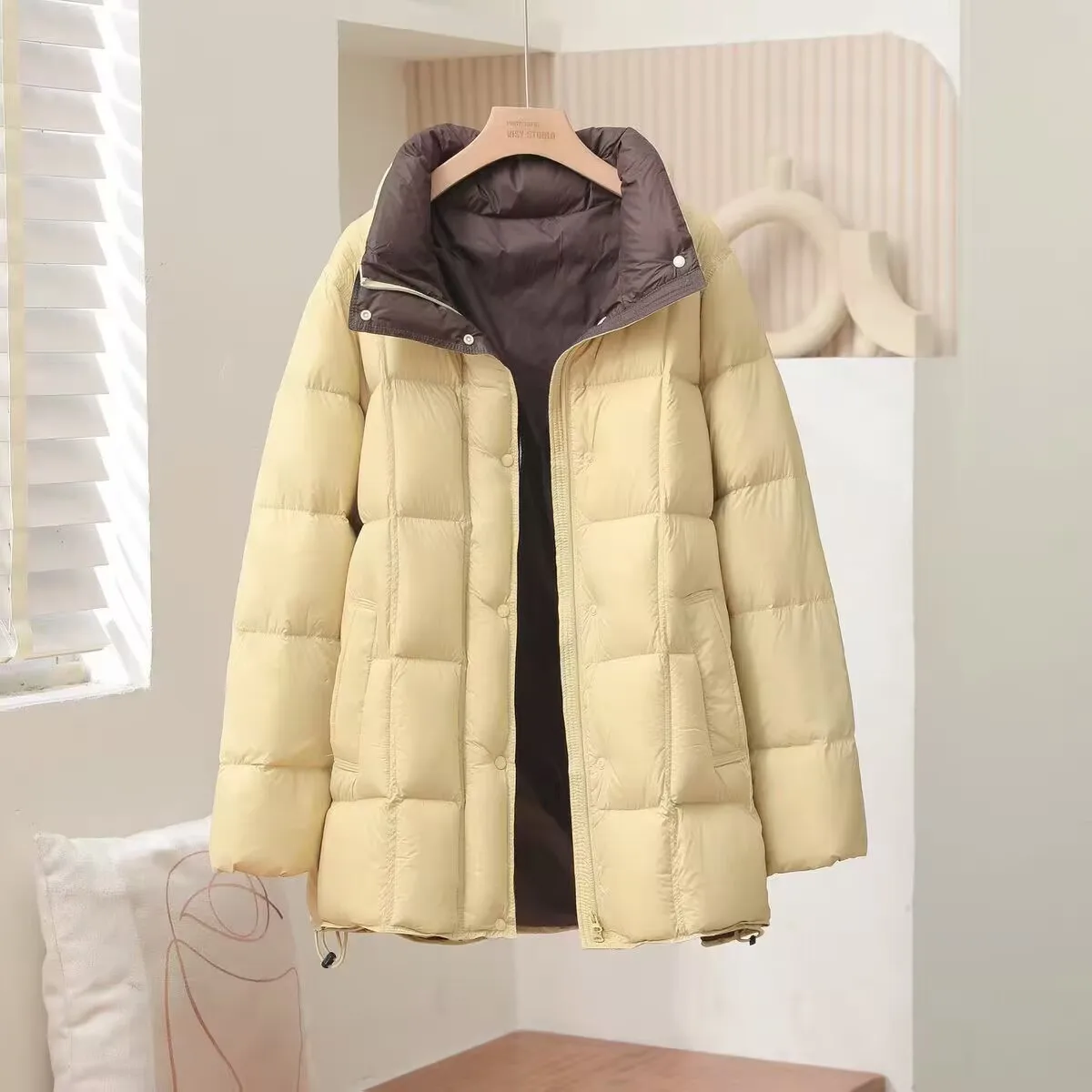 Winter Hooded Mid Length White Duck Down Jacket Women  Zipper Parker Outwears Female Thicken Warm Big Pocket Jackets