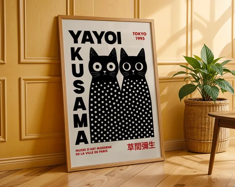 2 Stück/Set Yayoi Kusama Cats Leinwandposter, rahmenloser moderner Pop-Art-Druck, schwarze Katzen-Kunstwerke für Wohnzimmer- und Schlafzimmerdekoration – Detail 3