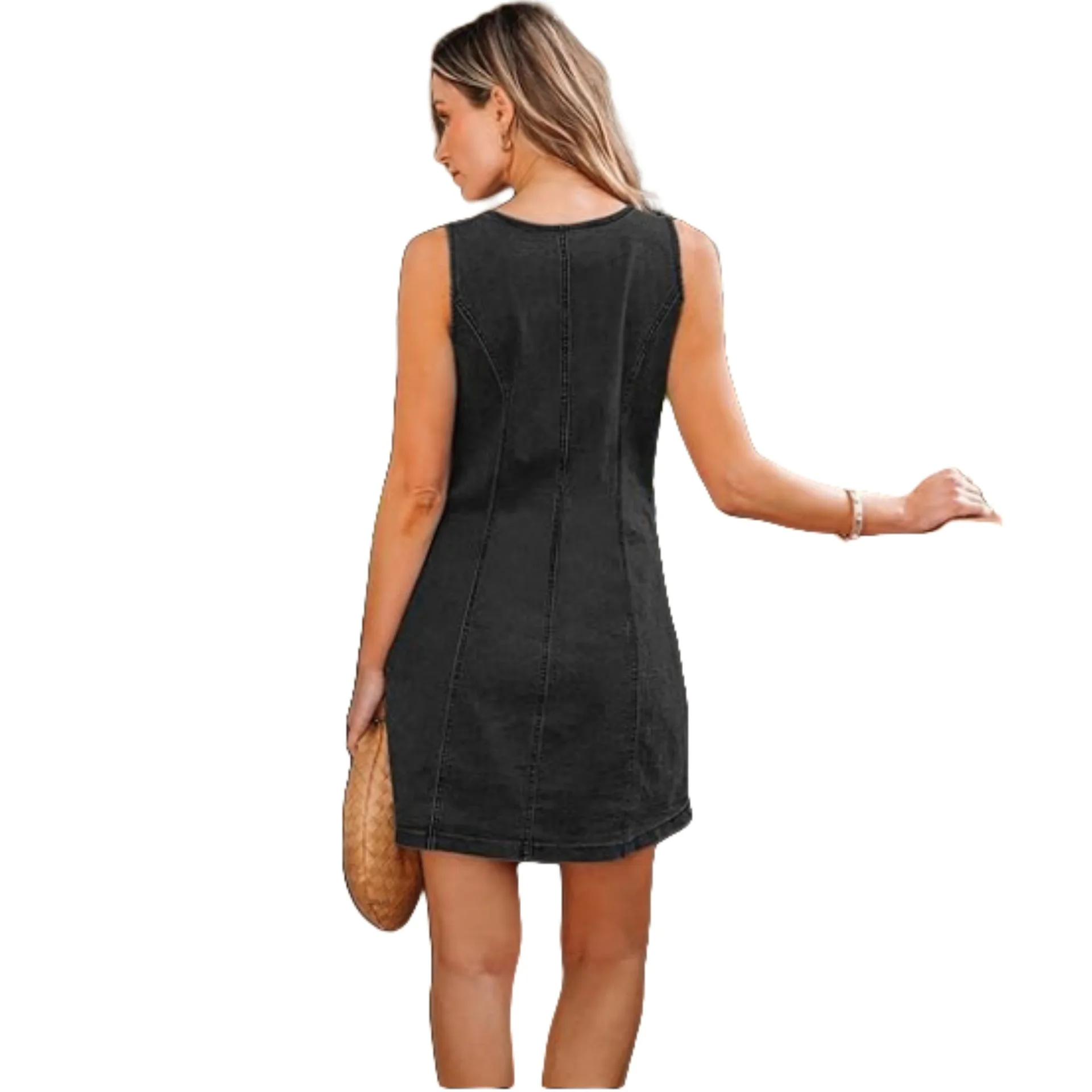 New Spring/Summer 2025 Fashionable Solid-color Casual Sleeveless, Waist-cinching Single-breasted Short Dress with Patch Pockets