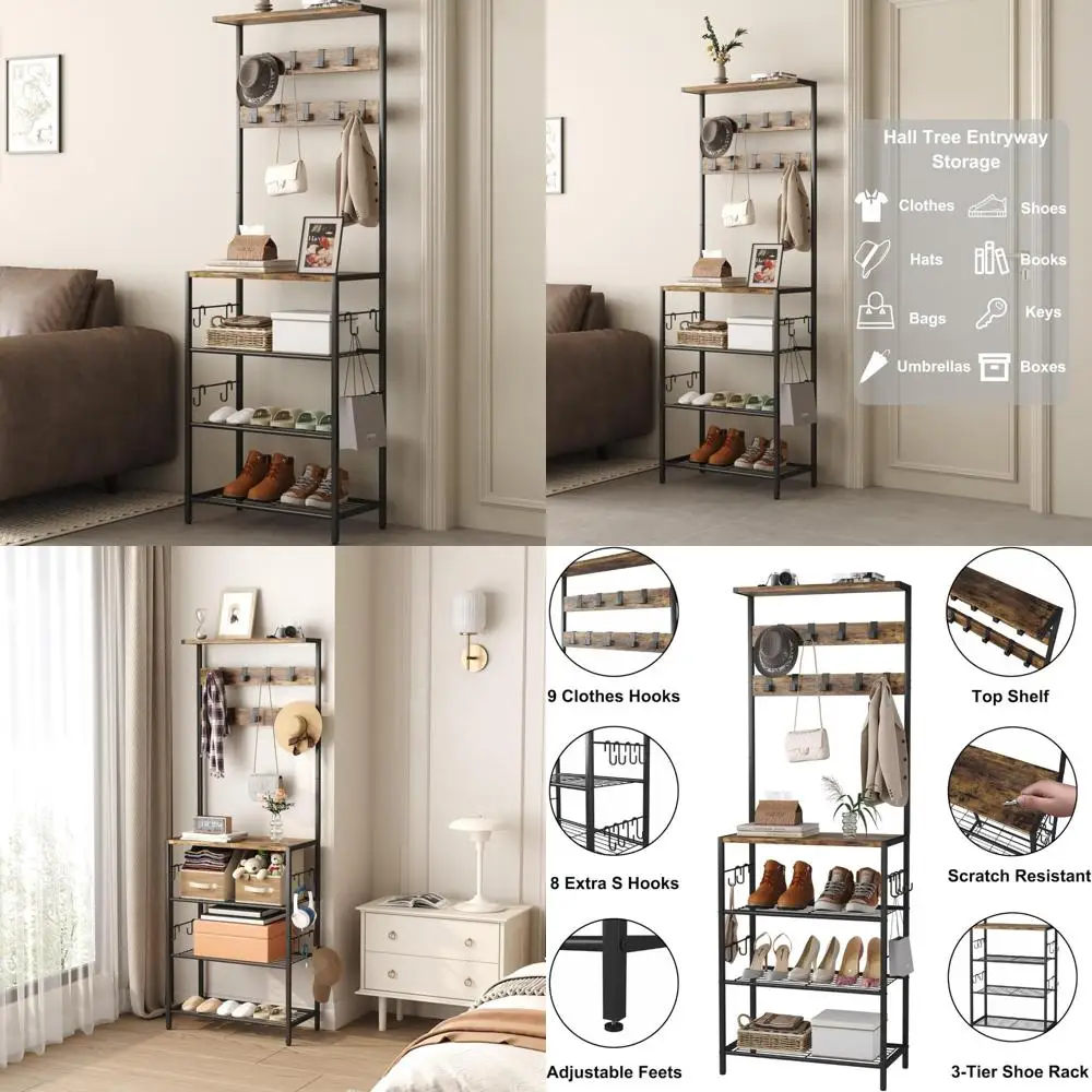 

5-Tier Shoe Storage and Coat Rack with 9 Hooks, Freestanding Organizer for Home Entryway